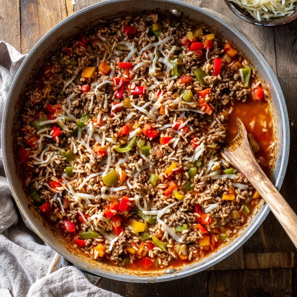 A close-up of Unstuffed Pepper Skillet with melted cheese, colorful peppers, and beef in a rustic cast iron pan.