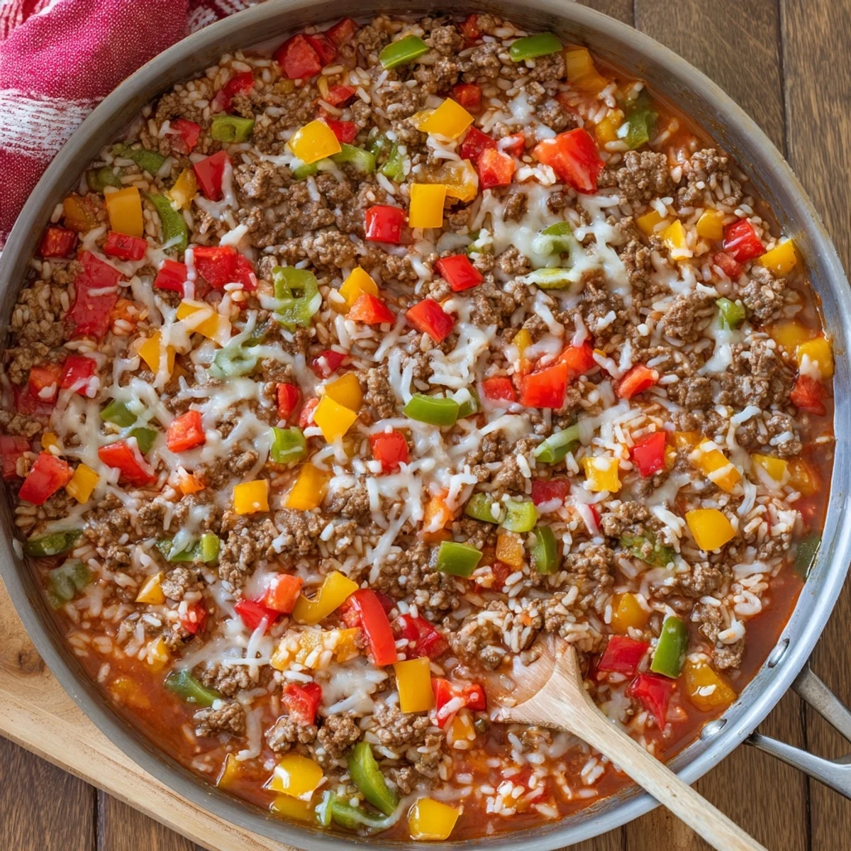 Steam rising from a hearty Unstuffed Pepper Skillet with diced tomatoes, rice, and savory ground beef.