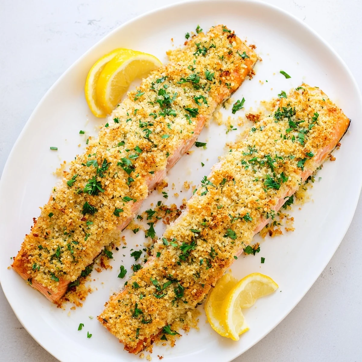 Freshly baked salmon fillets with a golden, crunchy Parmesan topping, served with lemon wedges and parsley on a rustic wooden table.