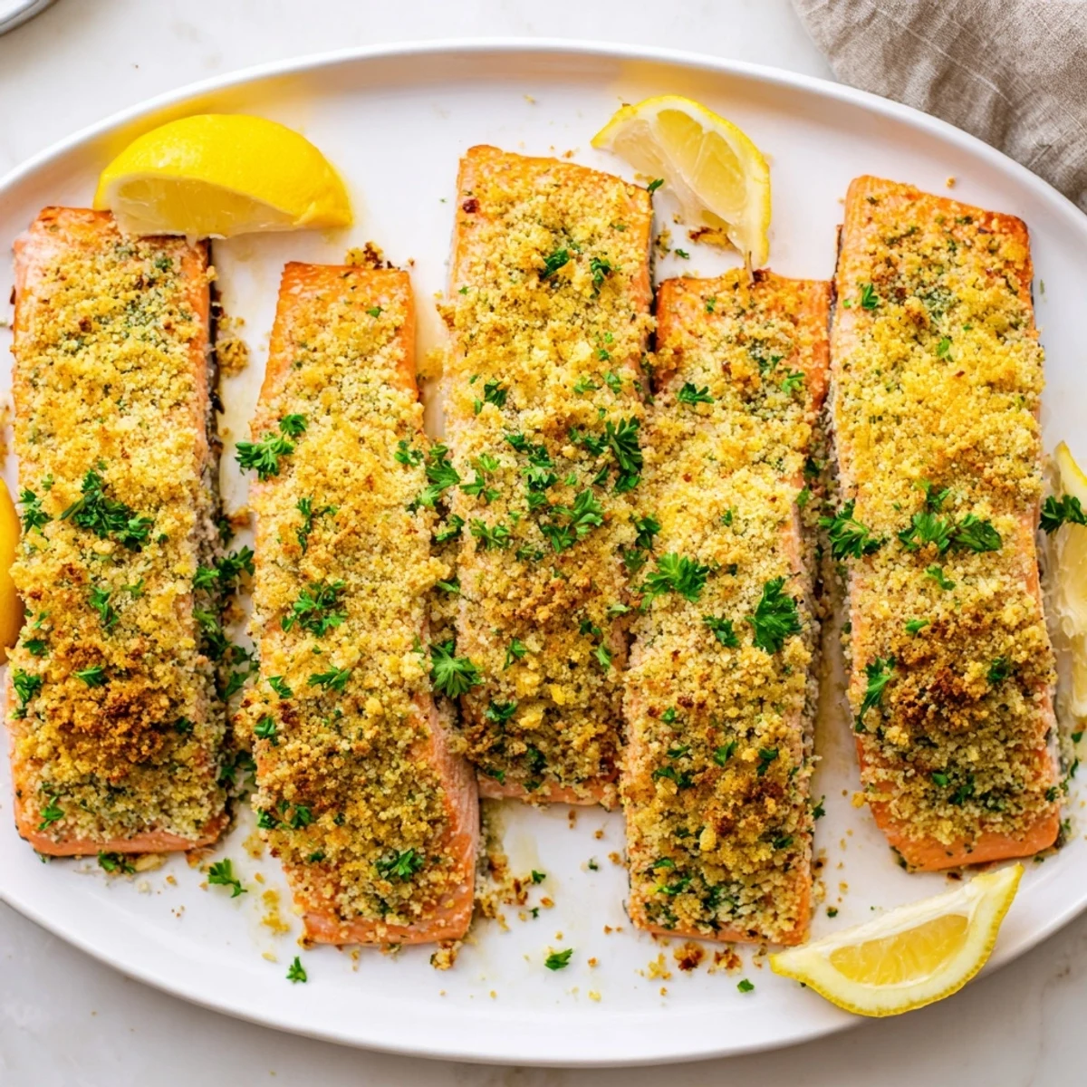 Imagine tender, oven-baked salmon with a buttery, garlicky Parmesan crust, perfect alongside a fresh green salad or roasted vegetables.