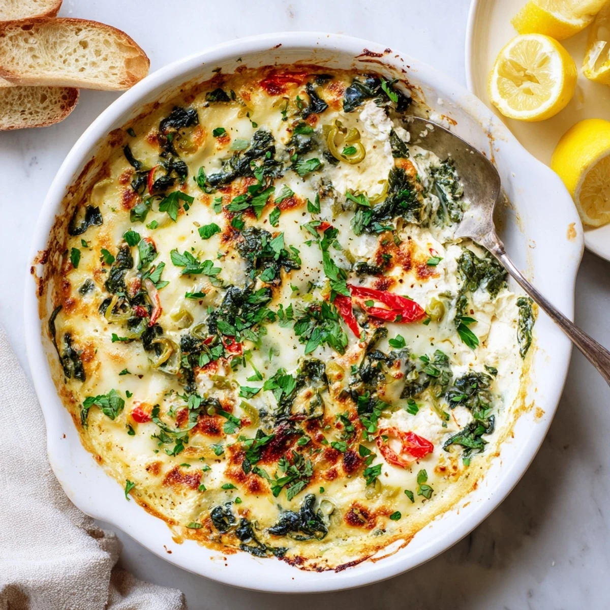 A close-up of bubbling Spinach and Pepperoncini Baked Feta Dip fresh from the oven, with wilted greens and golden cheese.