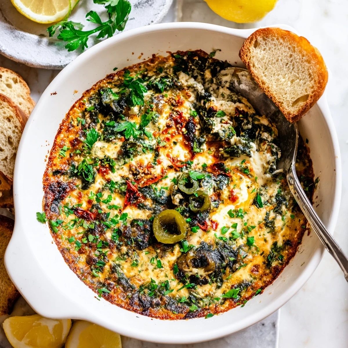 Spinach and Pepperoncini Baked Feta Dip served warm in a ceramic dish, garnished with fresh herbs and ready for dipping.