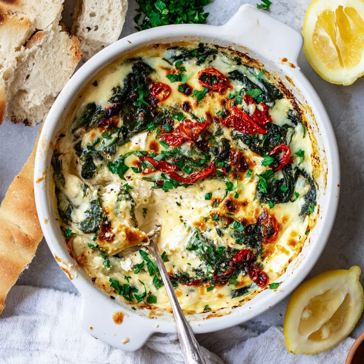 Golden baked feta dip topped with chopped spinach and pepperoncini, paired with warm pita wedges for a Mediterranean appetizer.