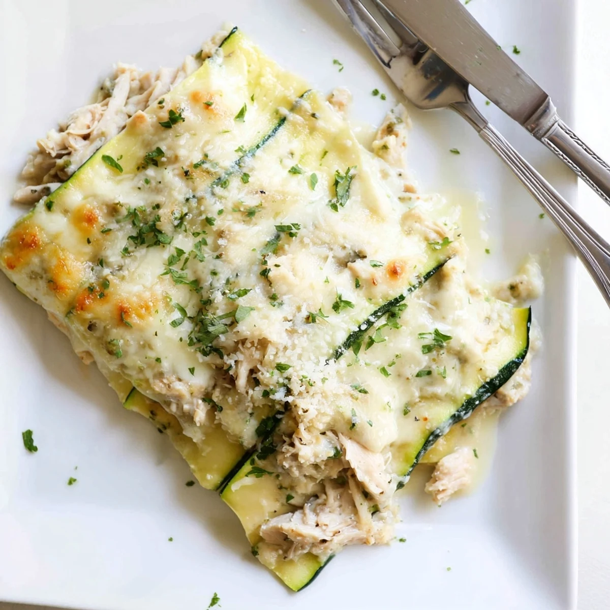 Sliced portions of low-carb Chicken Alfredo Zucchini Lasagna served on a white plate with fresh parsley garnish.