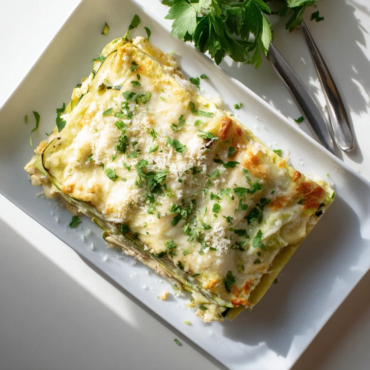 Golden-baked Chicken Alfredo Zucchini Lasagna with layers of creamy sauce, shredded chicken, and melted mozzarella.
