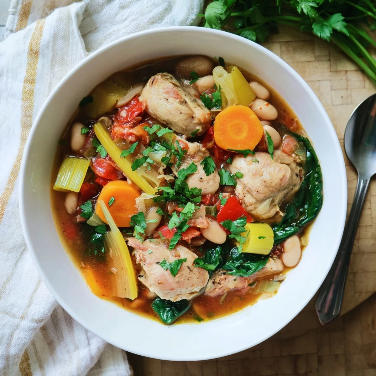 A hearty Tuscan Slow Cooker Chicken Stew bubbling in a ceramic slow cooker, served with crusty bread for dipping.