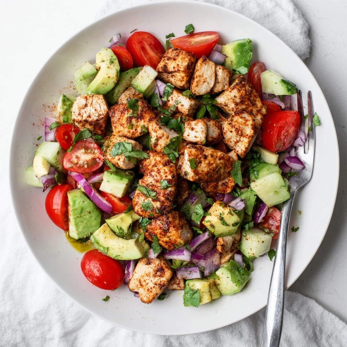 A close up of Avocado Chicken Salad highlights creamy avocado chunks and fresh cilantro with lime dressing.
