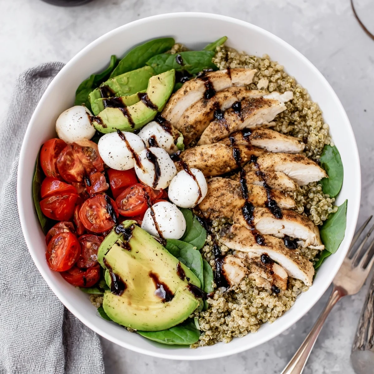 Sliced pesto chicken Caprese grain bowl served over quinoa with fresh mozzarella and cherry tomatoes.