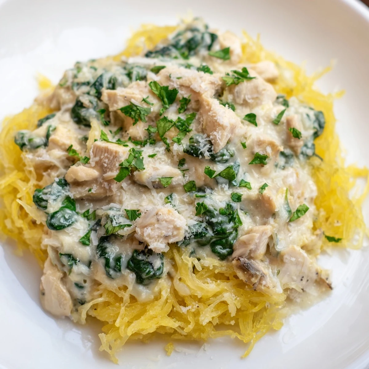 Steaming Chicken and Spinach Spaghetti Squash Alfredo served in a rustic ceramic bowl, garnished with fresh parsley and grated Parmesan, with a dinner fork resting beside it.
