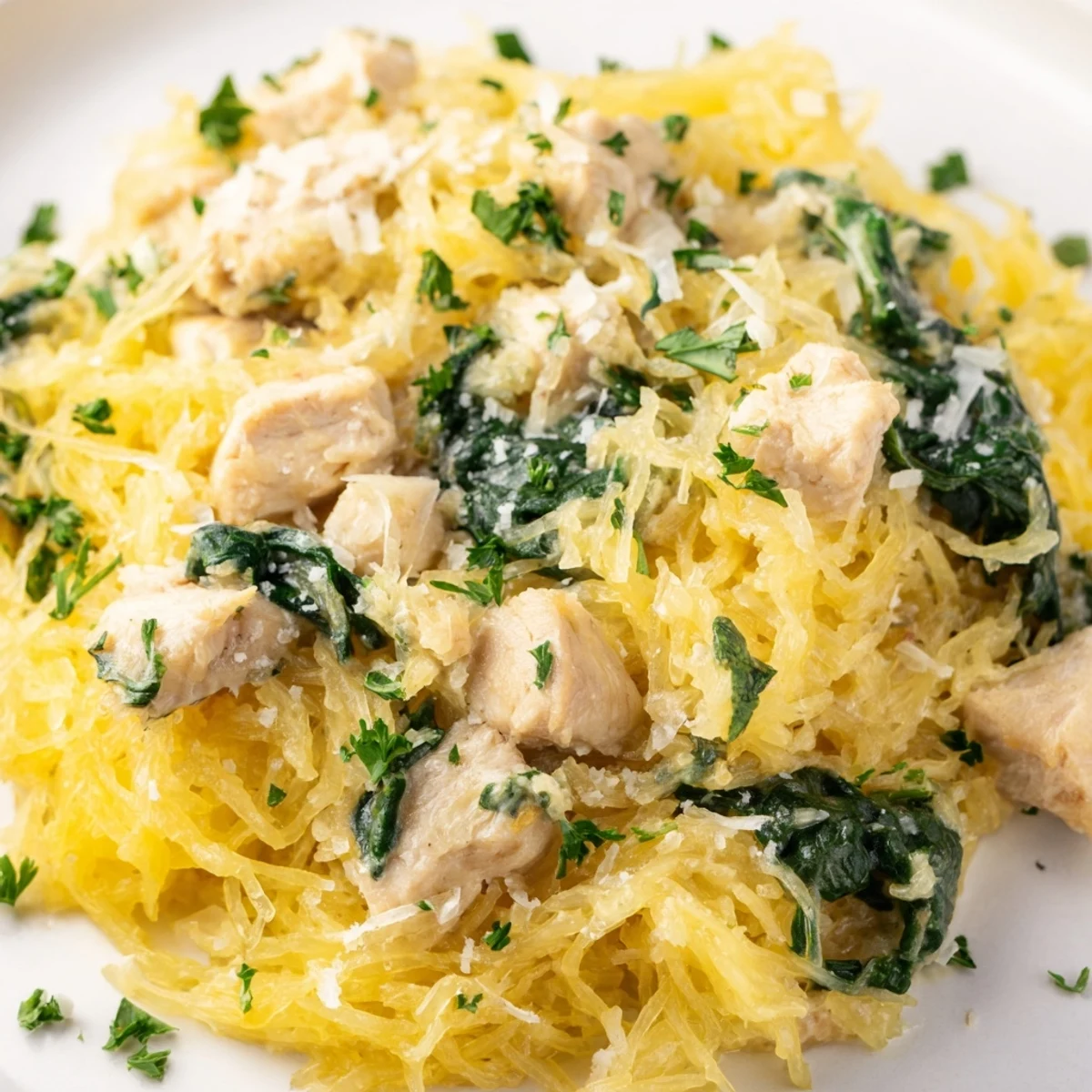 A close-up of Chicken and Spinach Spaghetti Squash Alfredo on a white plate, showcasing golden chicken pieces, wilted green spinach, and tender spaghetti squash strands coated in creamy Parmesan sauce.