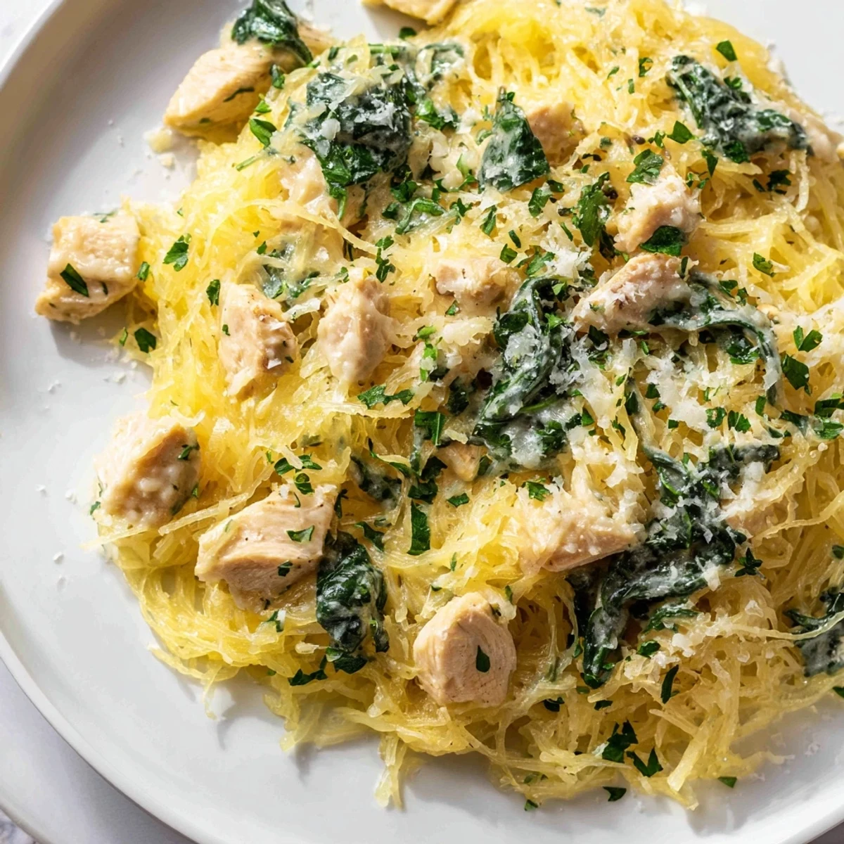 A side view of a generous serving of Chicken and Spinach Spaghetti Squash Alfredo, highlighting the rich, garlicky Alfredo sauce clinging to the vegetable noodles and diced chicken.
