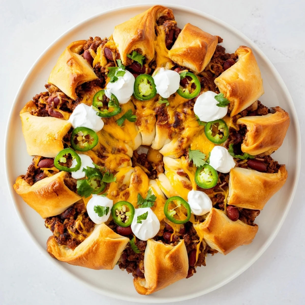 A golden baked Beef Chili Taco Crescent Roll Ring with melted cheddar and fresh garnishes.
