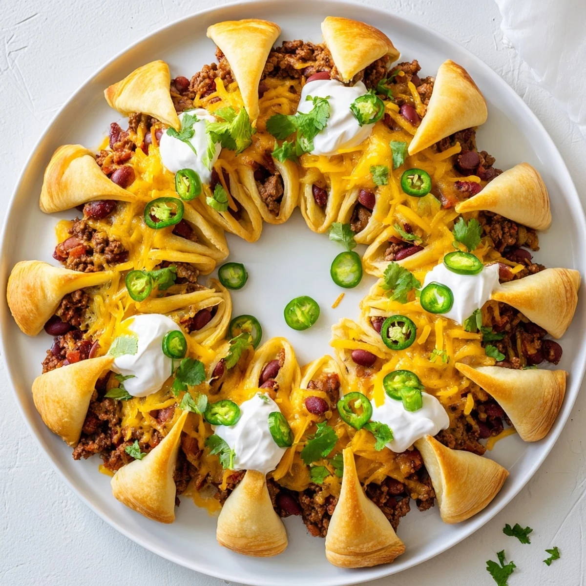 This savory Beef Chili Taco Crescent Roll Ring features a warm, flaky crust and colorful toppings.