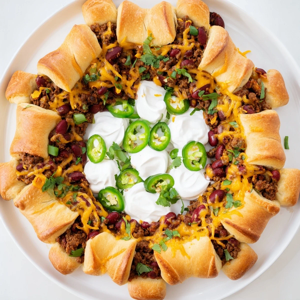 Cheesy Beef Chili Taco Crescent Roll Ring sliced to show the hearty beef and bean filling.