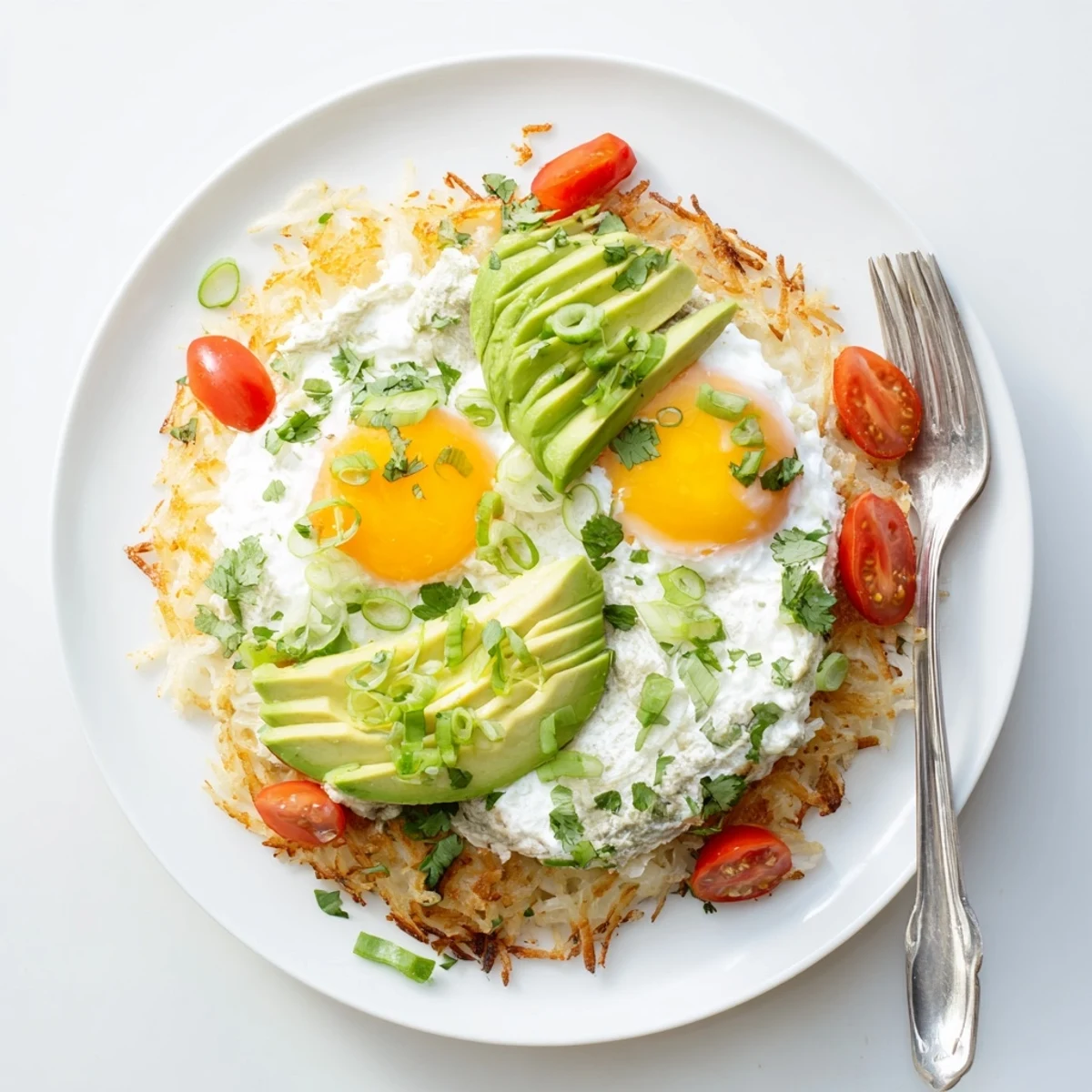 Golden hash browns with eggs, avocado, and cottage cheese served alongside juicy cherry tomatoes and fresh green onions.