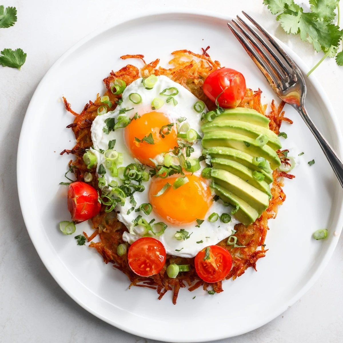 Crispy shredded hash browns topped with fluffy fried eggs, sliced avocado, and creamy cottage cheese for a hearty breakfast.