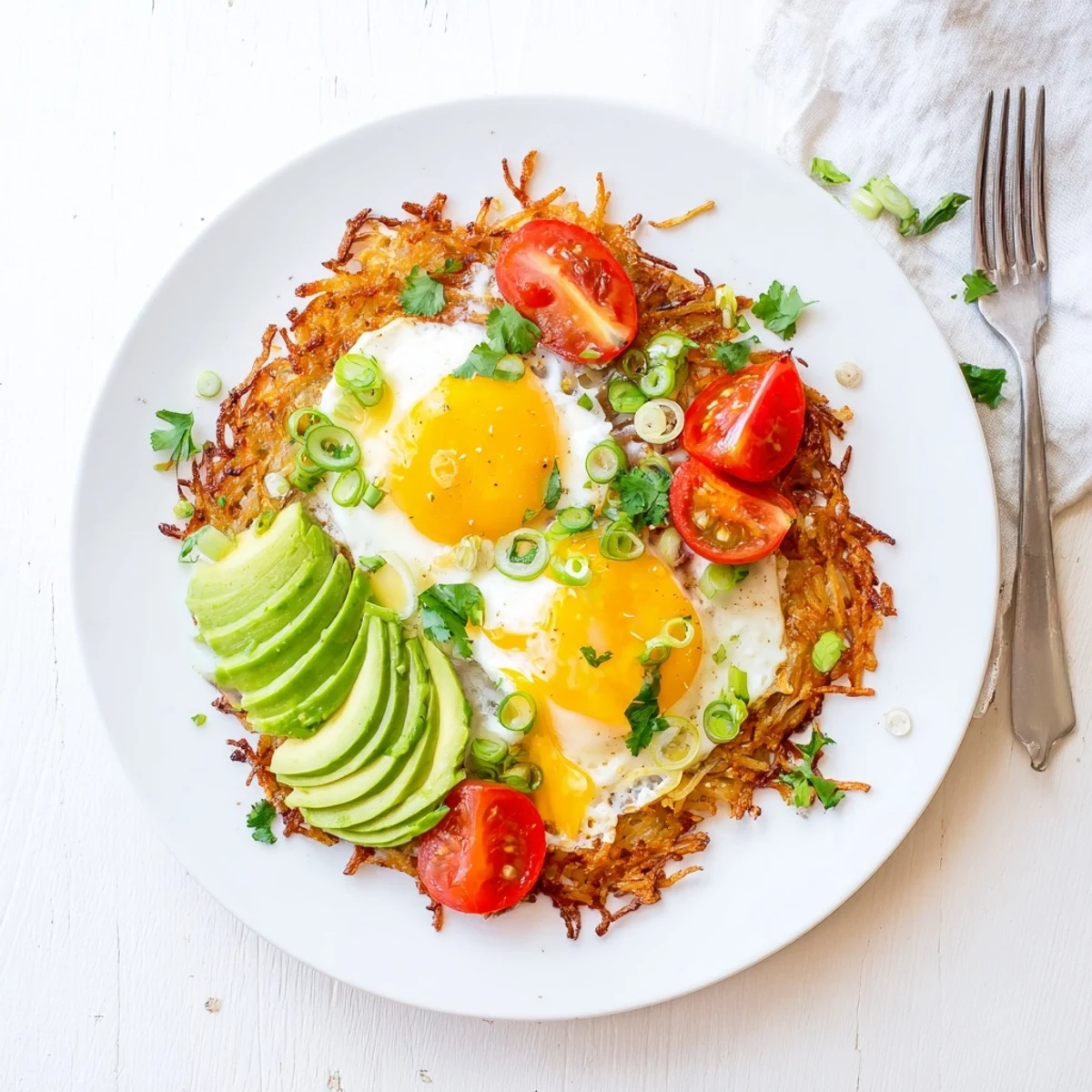 A wholesome Loaded Hash Browns with Eggs, Avocado & Cottage Cheese plate with hot sauce and herbs, perfect for a filling morning.
