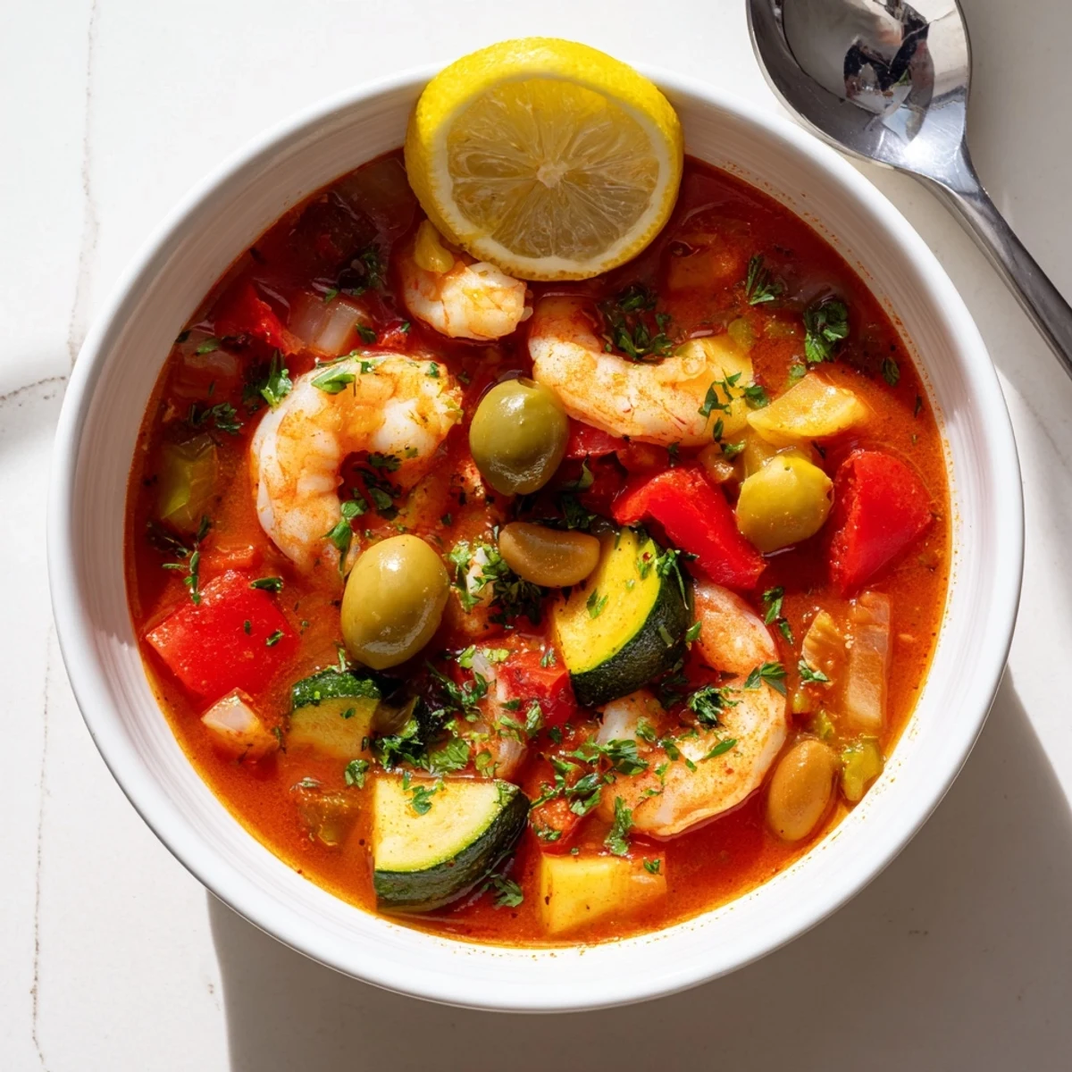 Steaming Mediterranean Seafood Shrimp Chili in a pot with briny olives and red bell pepper.