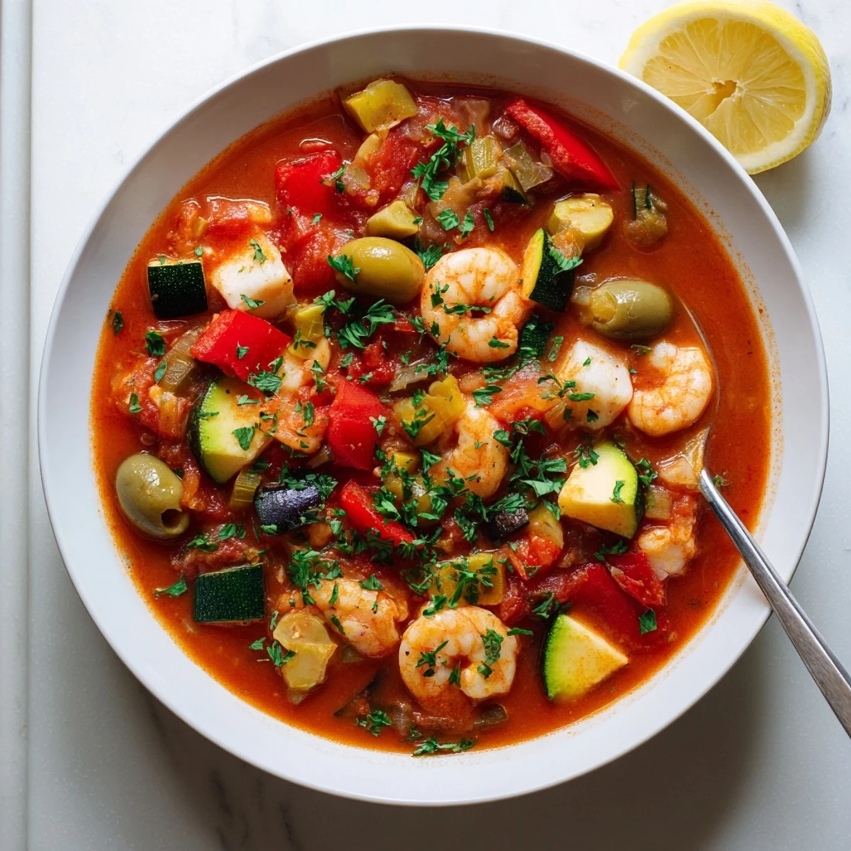 Tender white fish and succulent shrimp simmer in this Mediterranean Seafood Shrimp Chili.
