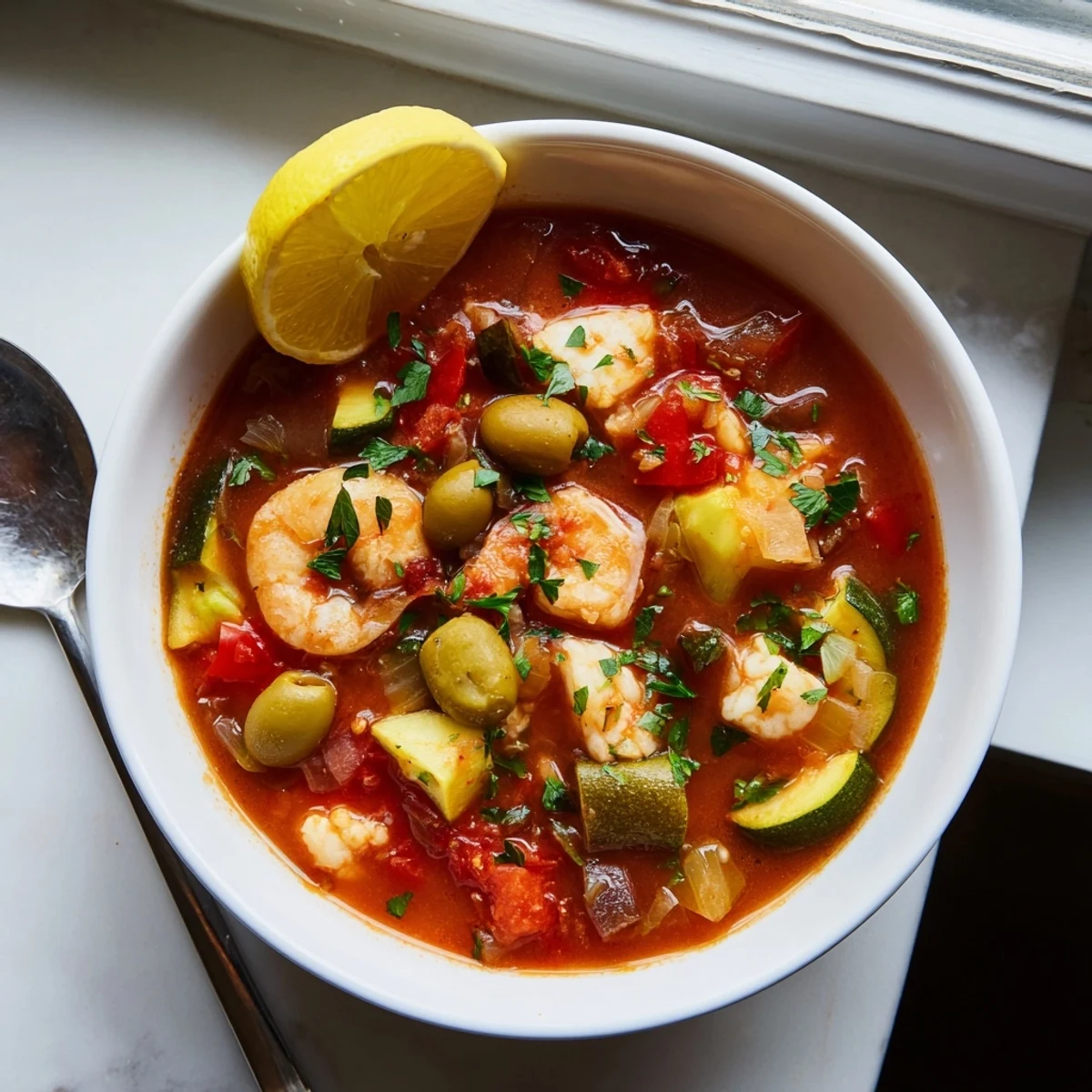 Fragrant Mediterranean Seafood Shrimp Chili served in a bowl garnished with parsley and lemon.