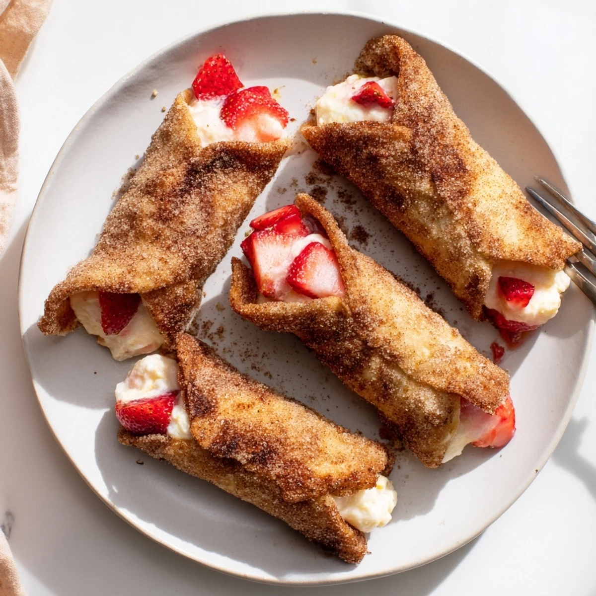Warm, golden-brown Cheesecake Dessert Chimichangas are rolled in sparkling cinnamon sugar on a rustic plate.