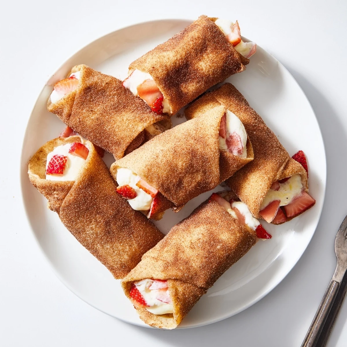 Crisp, fried Cheesecake Dessert Chimichangas are served with fresh strawberries and a dollop of whipped cream.