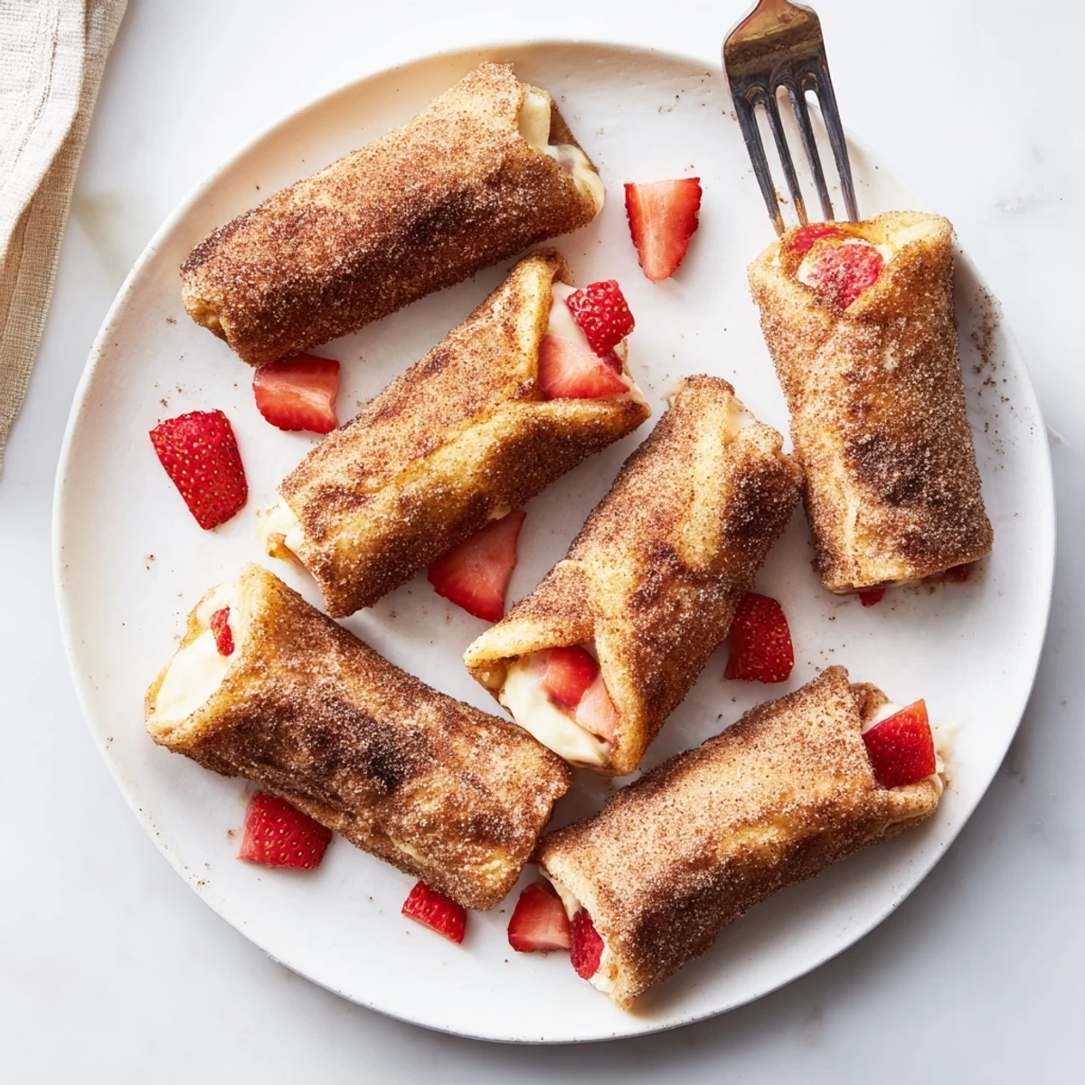 Freshly made Cheesecake Dessert Chimichangas are dusted with cinnamon sugar next to a steaming cup of coffee.