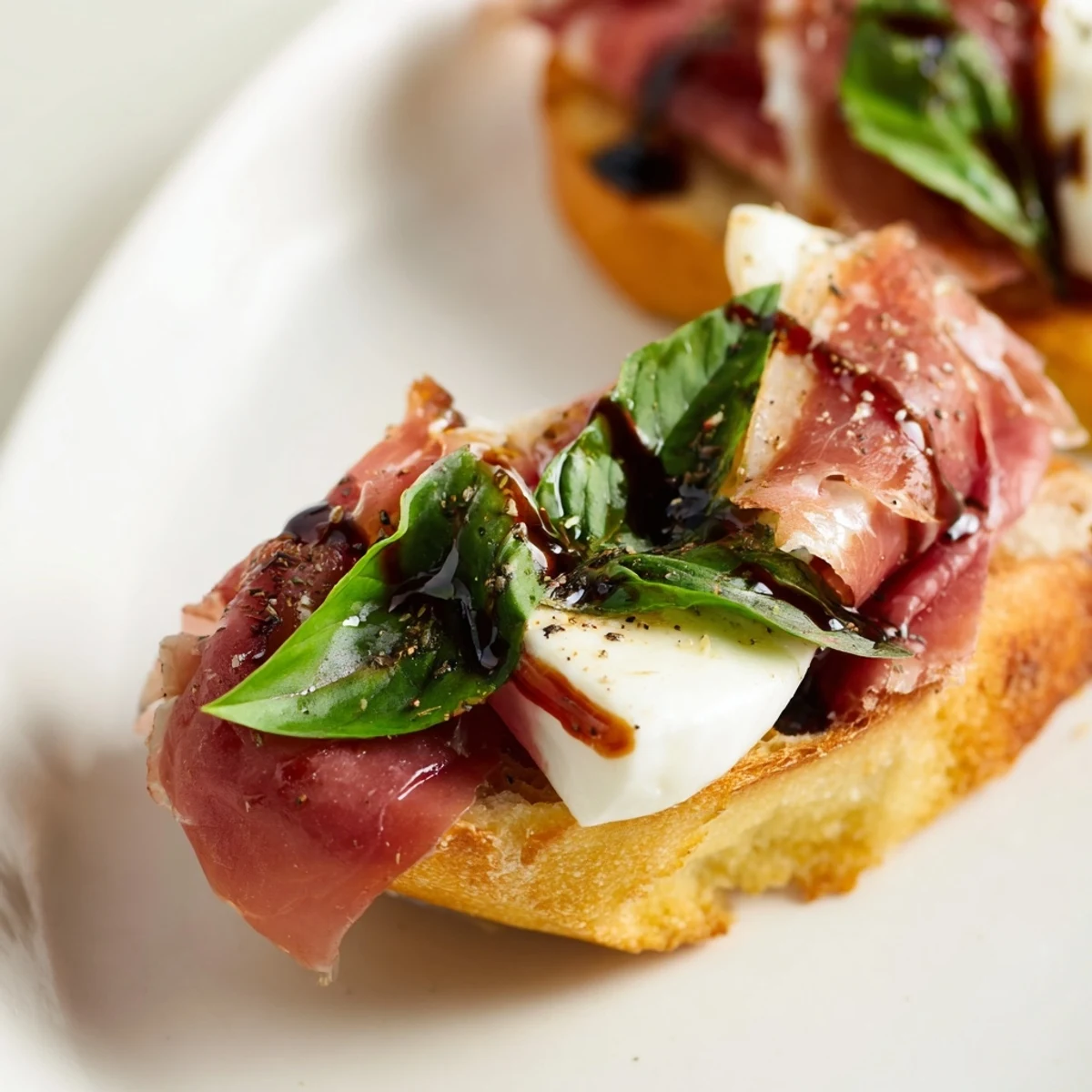 Golden Mozzarella Beef Prosciutto Crostini topped with fresh basil and balsamic glaze on a rustic serving plate.
