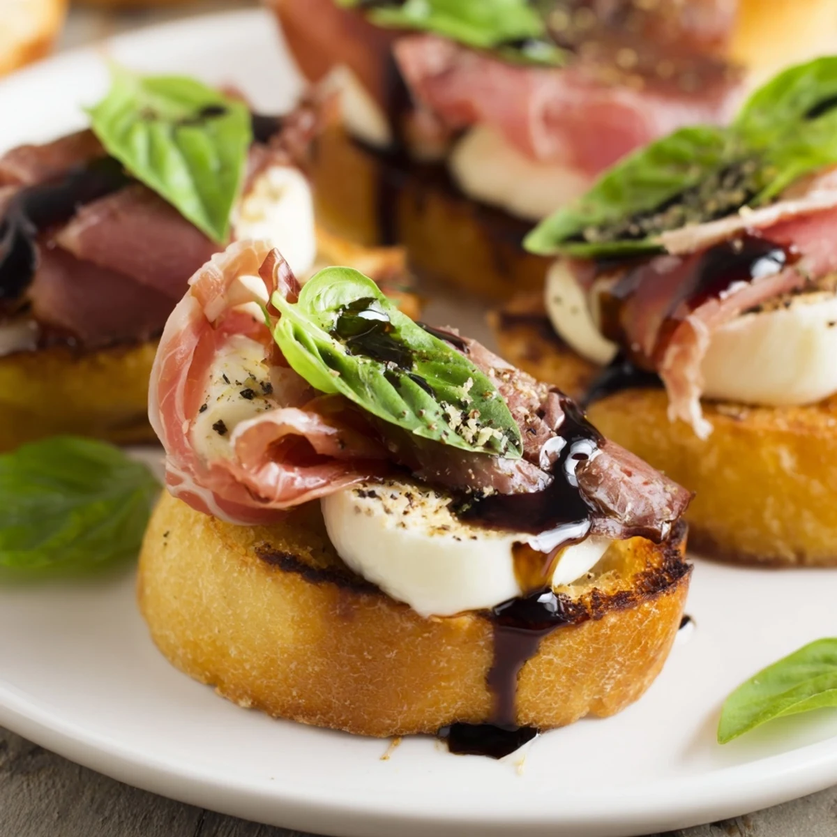 Easy Italian-inspired Mozzarella Beef Prosciutto Crostini arranged neatly with tender beef and savory prosciutto slices.