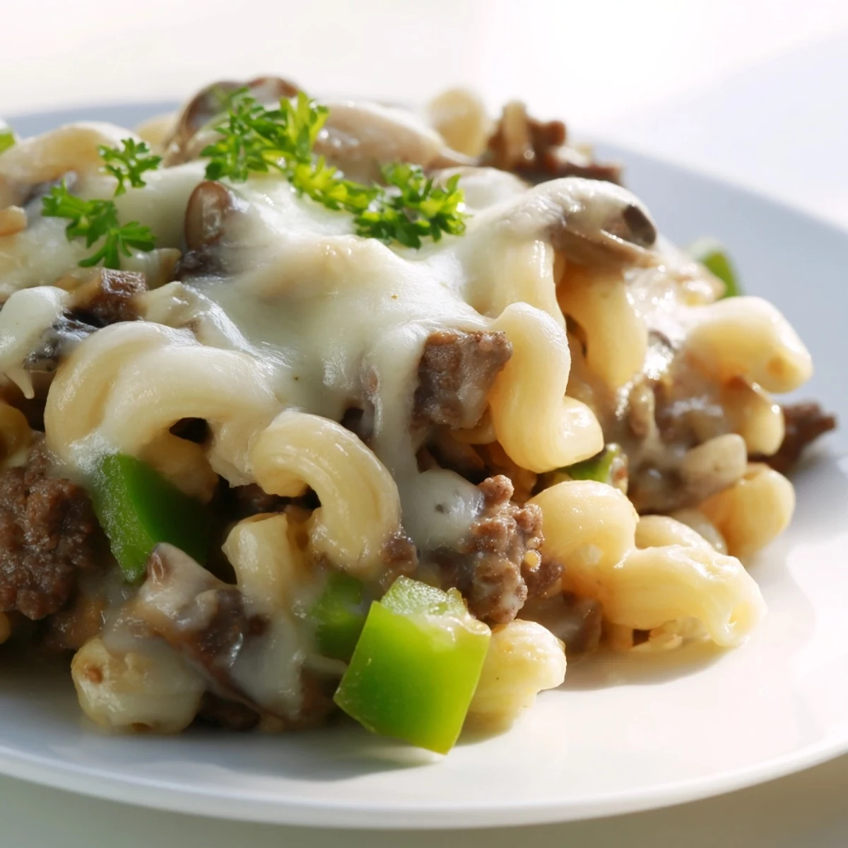 Creamy high protein Philly cheesesteak mac topped with melted provolone and mozzarella in a skillet.