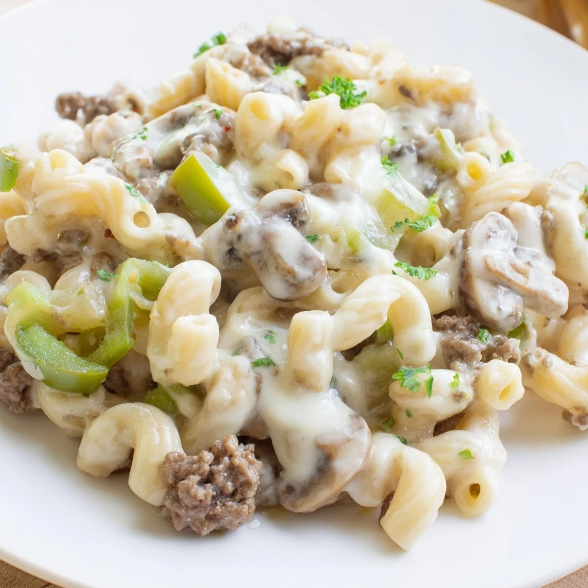 Hearty high protein Philly cheesesteak mac served in a bowl next to a fresh side salad.