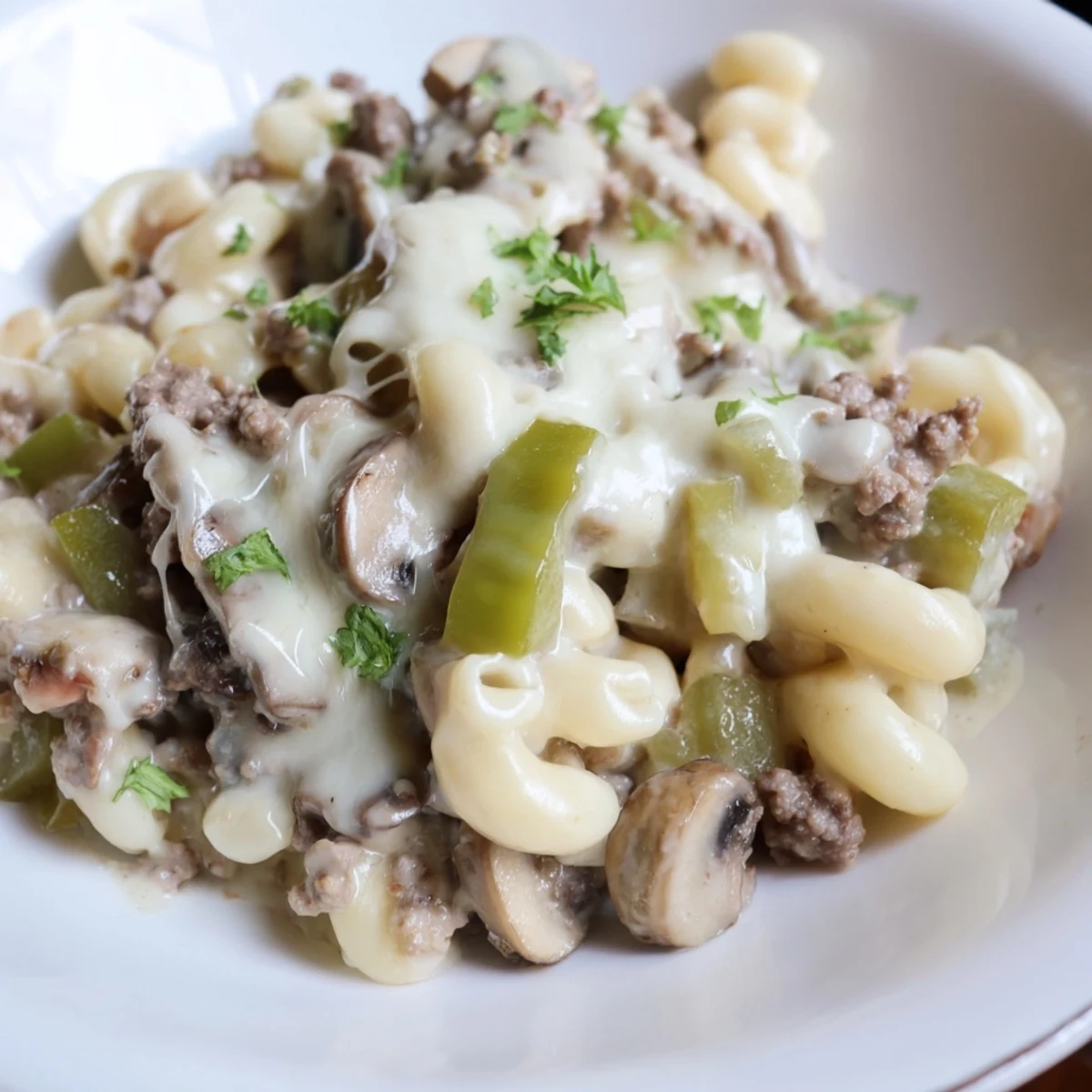 Skillet of high protein Philly cheesesteak mac with sautéed beef, peppers, onions, and mushrooms.