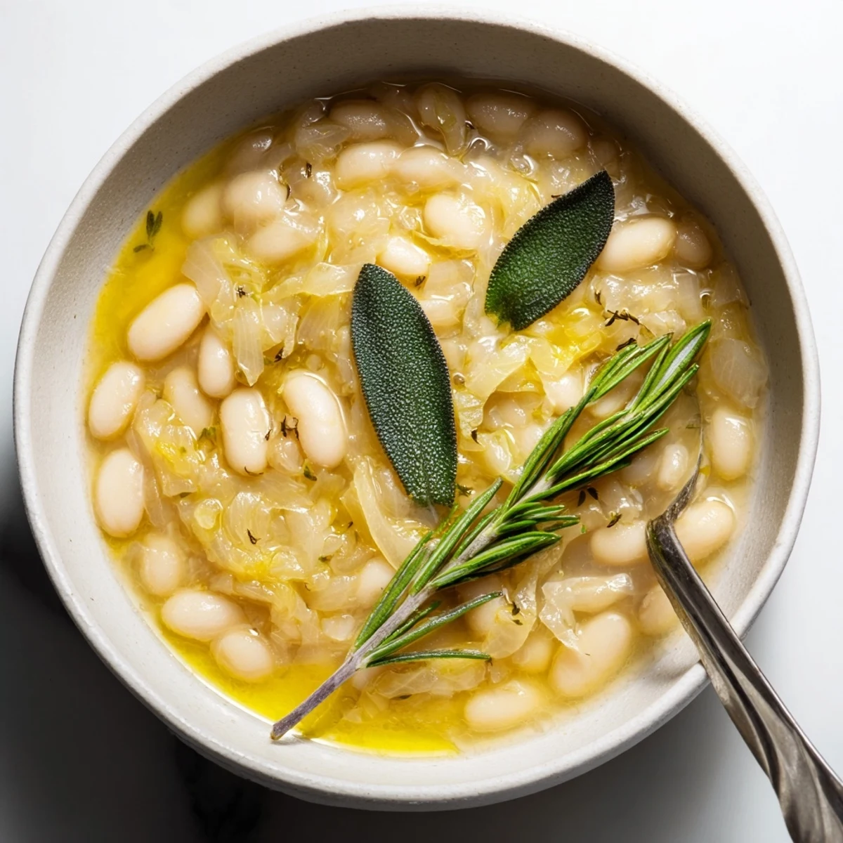 Creamy Tuscan White Beans simmer with garlic and fresh rosemary in a rustic white bowl.