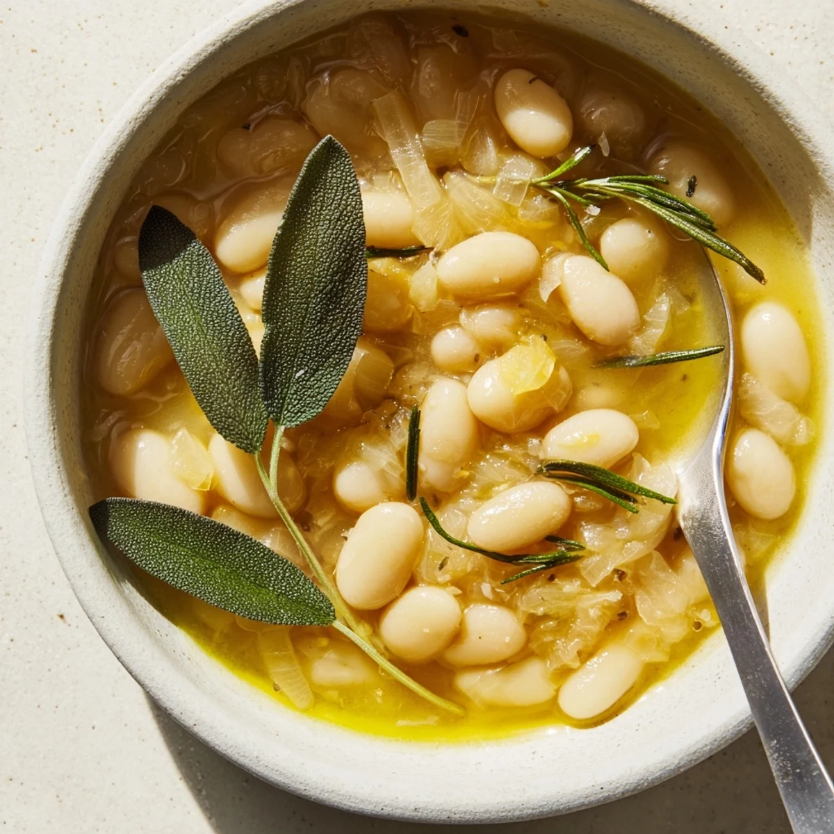A spoon dips into golden Tuscan White Beans beside crusty bread and olive oil.