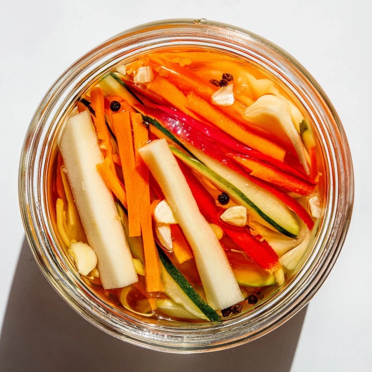 Bright Vietnamese Vegetable Pickle Medley of julienned daikon, carrots, and crunchy red bell peppers in tangy brine.