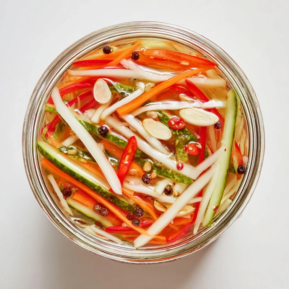 Colorful Vietnamese Vegetable Pickle Medley served in a small white bowl with chopsticks ready for a banh mi.