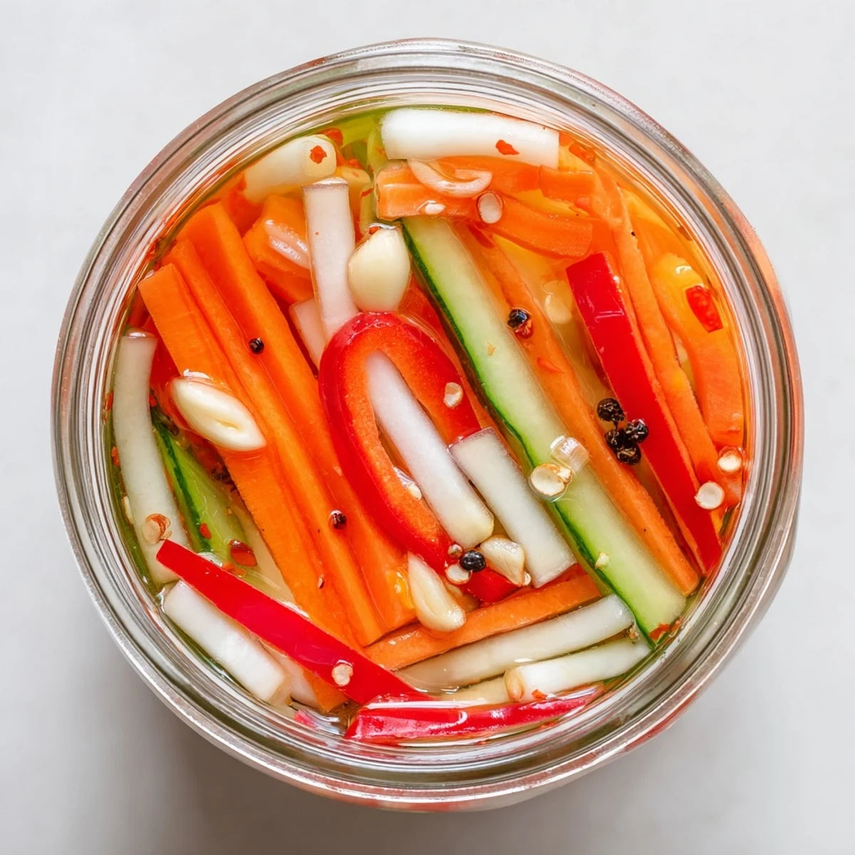 Vibrant Vietnamese Vegetable Pickle Medley packed in a glass jar showing layered daikon and carrots marinating in fragrant vinegar brine.