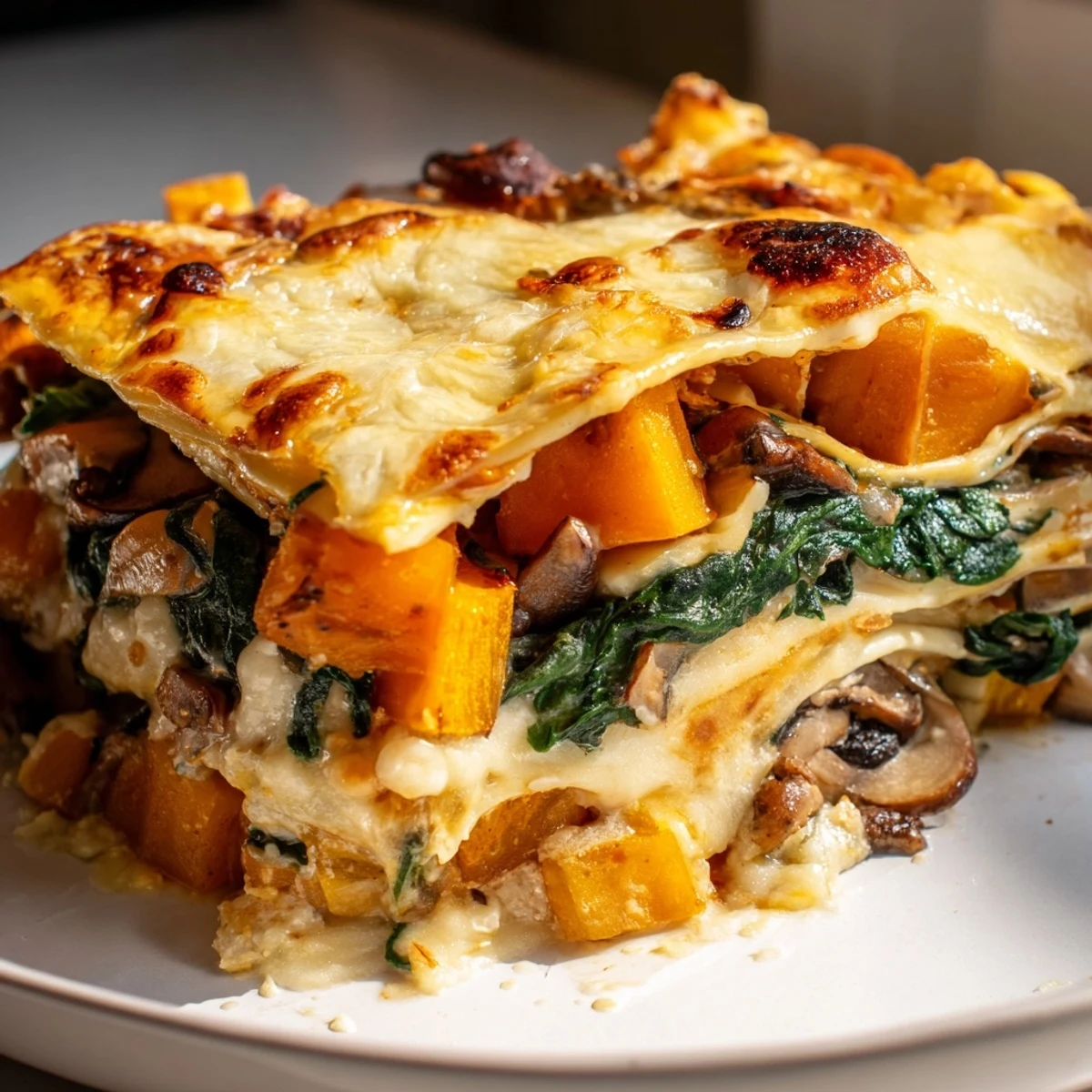 Golden-brown layers of Butternut Squash, Spinach & Mushroom Lasagna show roasted cubes and wilted greens peeking from cheesy béchamel in a white baking dish.