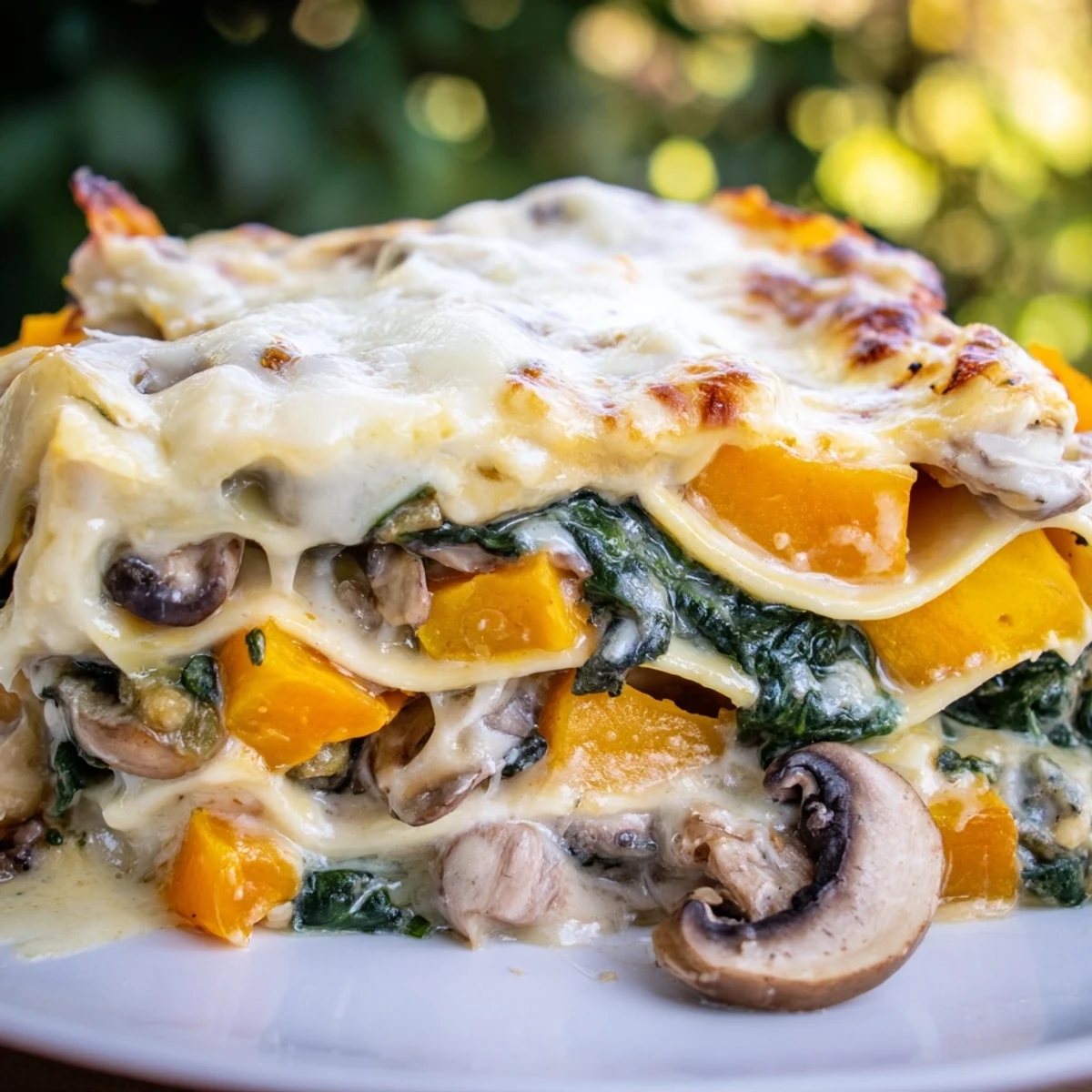 A close-up of Butternut Squash, Spinach & Mushroom Lasagna slices steam gently, revealing creamy ricotta, sautéed mushrooms, and vibrant spinach between tender noodles.