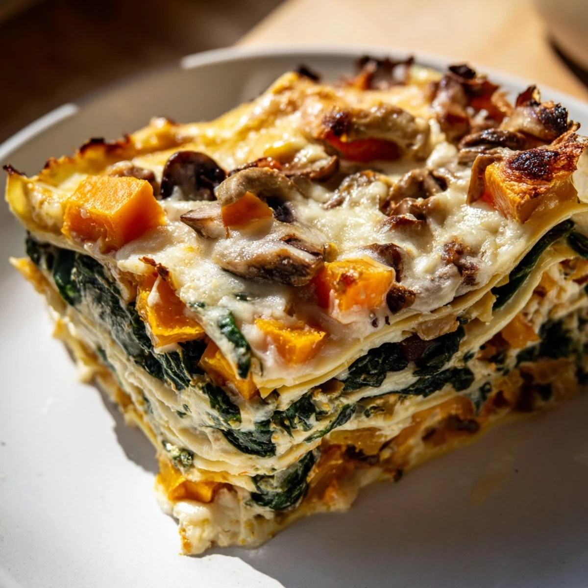 Overhead view of Butternut Squash, Spinach & Mushroom Lasagna garnished with fresh basil, ready to serve alongside a simple green salad for dinner.