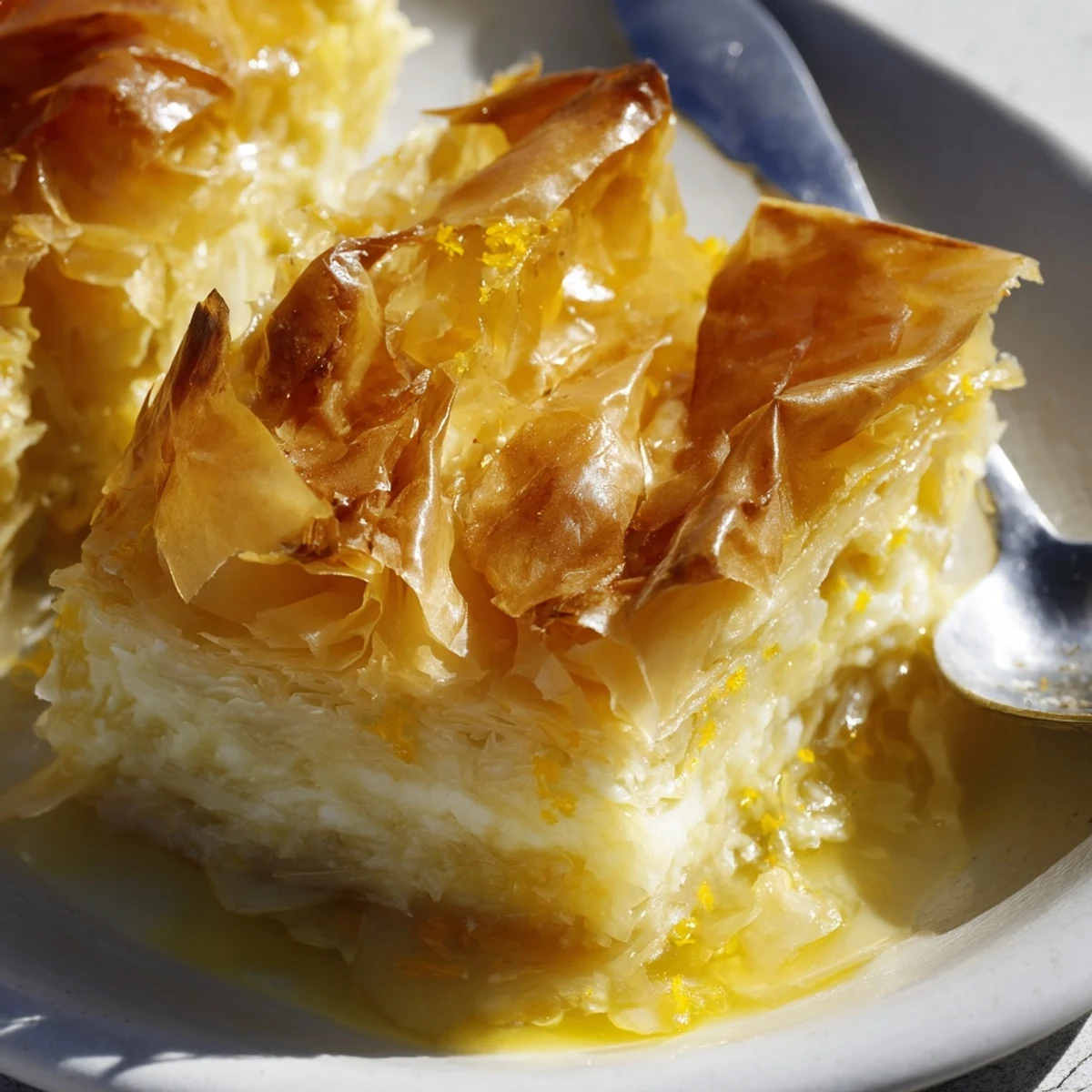 A slice of Portokalopita reveals golden, crispy phyllo layers soaked in sweet orange syrup and creamy yogurt filling, garnished with fresh zest.