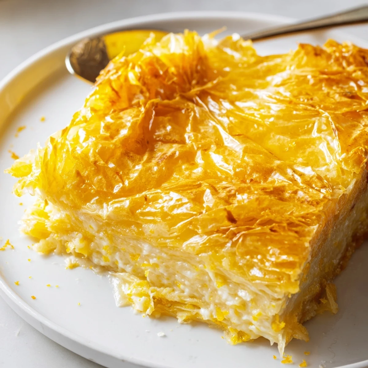 Freshly baked Portokalopita with a syrup glaze, served on a dessert plate with a dollop of whipped cream and a bright orange slice.