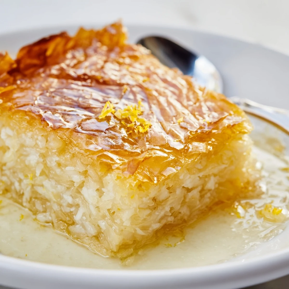 Overhead view of Portokalopita in a baking dish, showcasing the crumpled phyllo texture and vibrant orange zest in the golden cake.