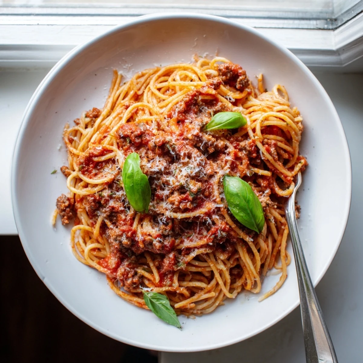 Close-up view of The Bear Spaghetti, twirled on a fork with meaty sauce and herbs.