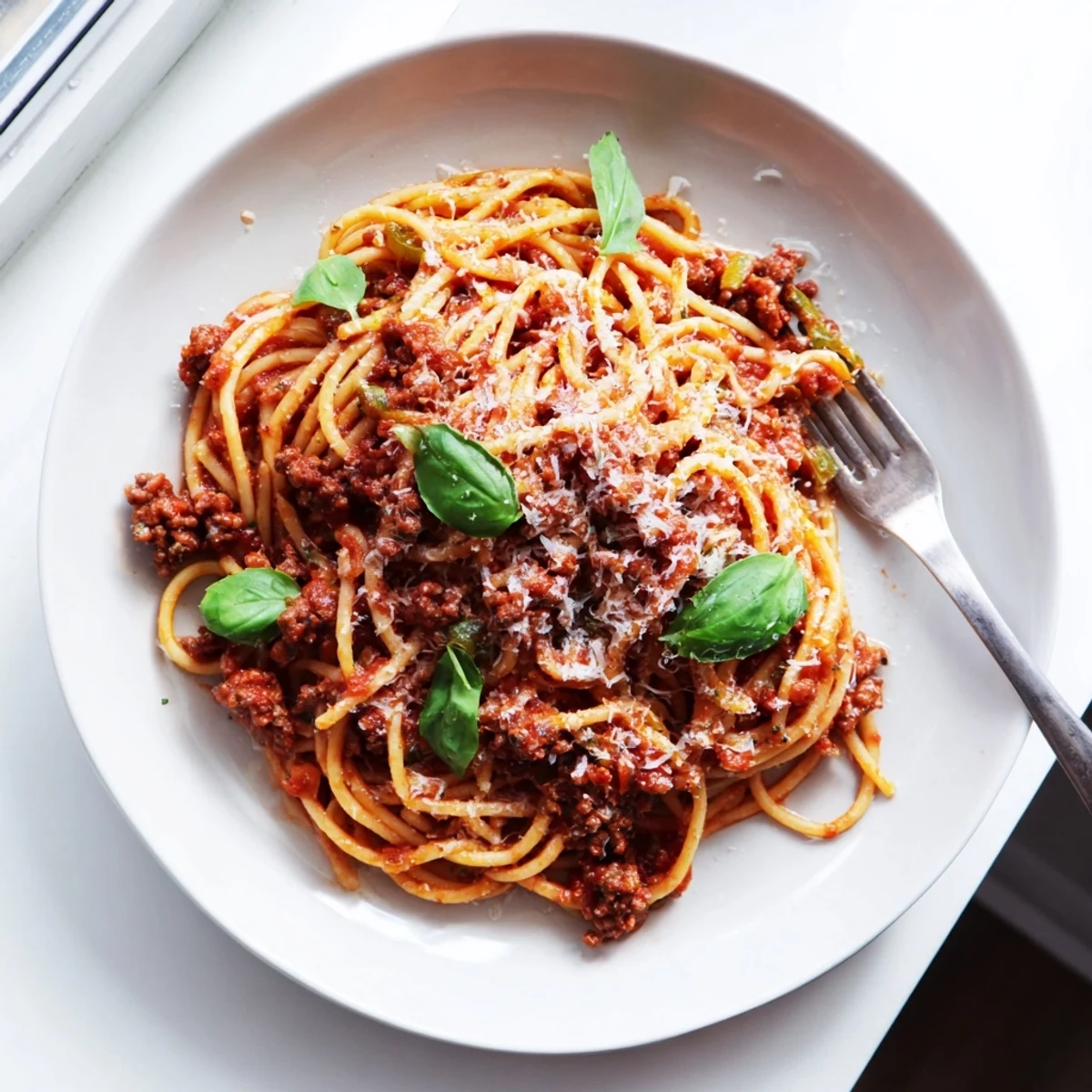 Steaming plate of The Bear Spaghetti with rich tomato sauce, fresh basil garnish, and grated Parmesan.