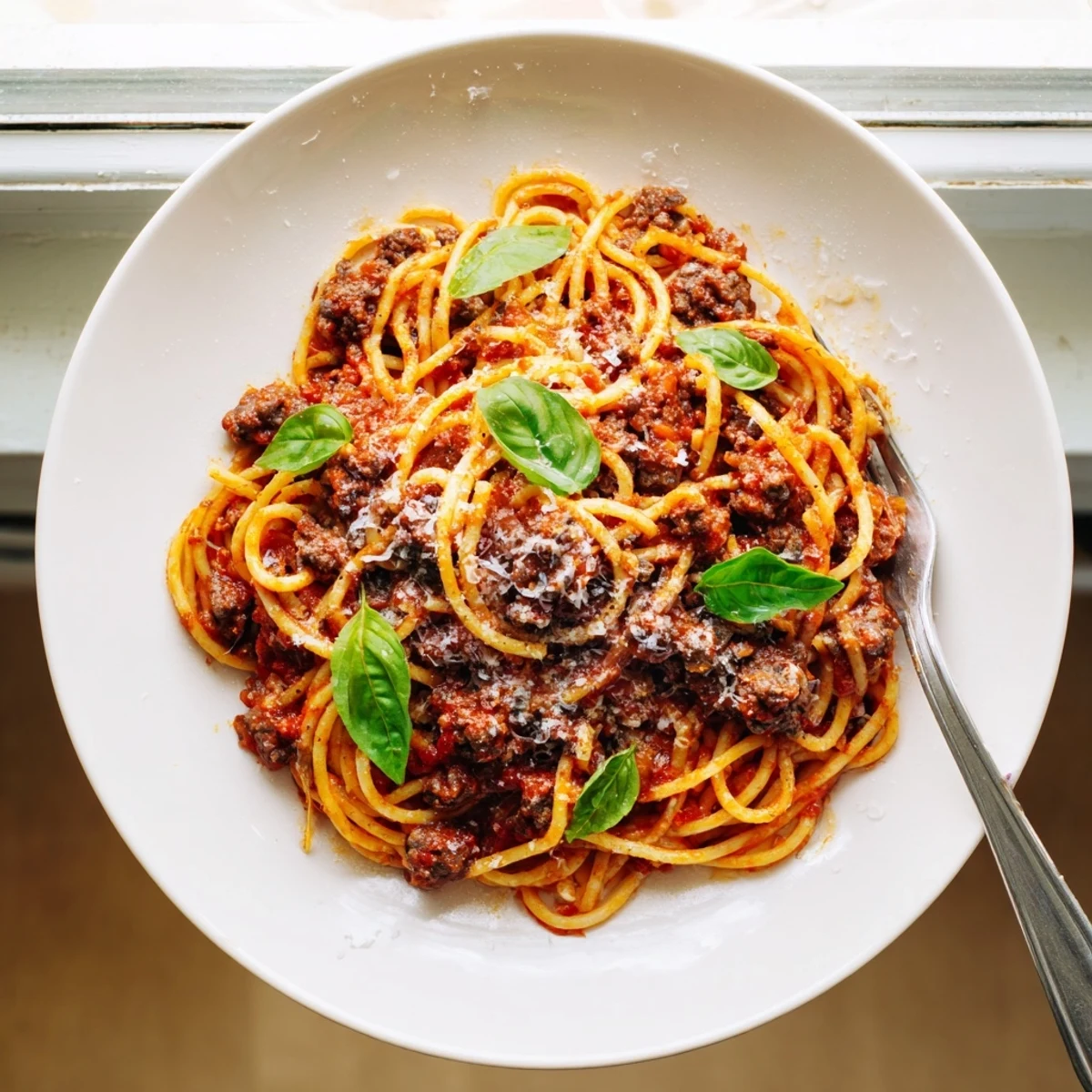 Hearty Italian-American The Bear Spaghetti served in a rustic bowl with olive oil drizzle and Parmesan.