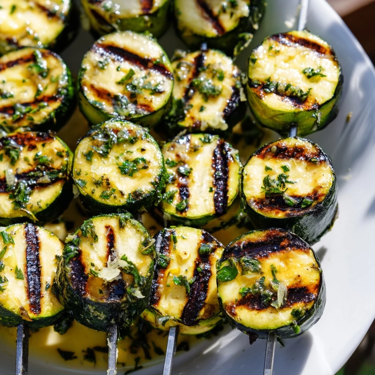 Savory Garlic Butter Zucchini Skewers sizzling on the grill with a light char, perfect for summer dining.