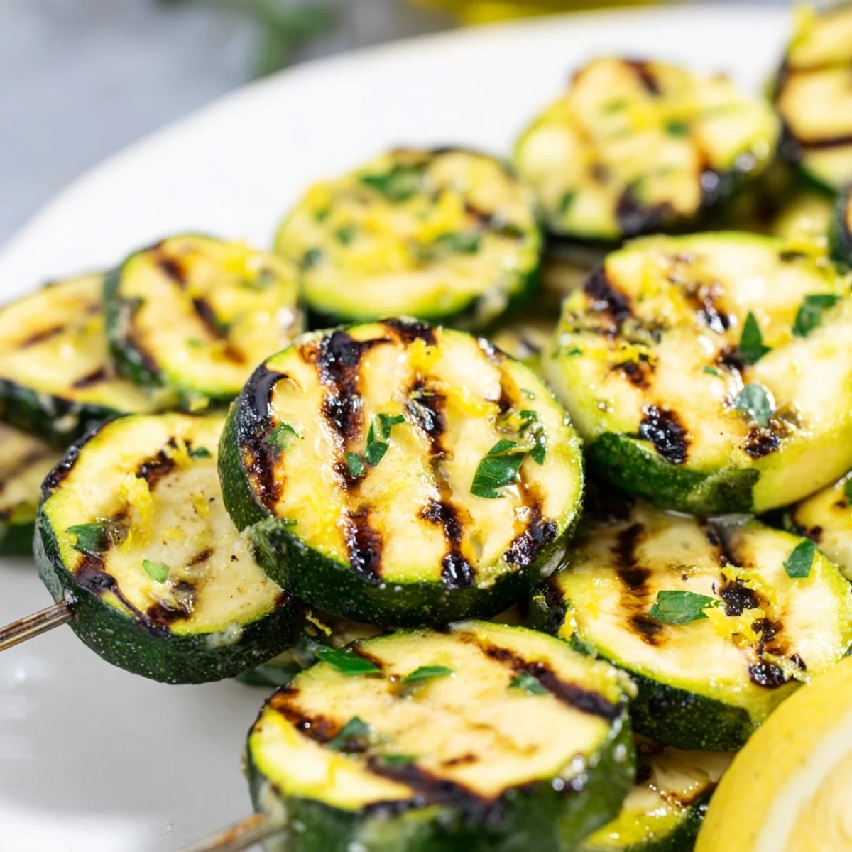 Garlic Butter Zucchini Skewers glistening with lemon zest, ready to be paired with grilled chicken or fish.