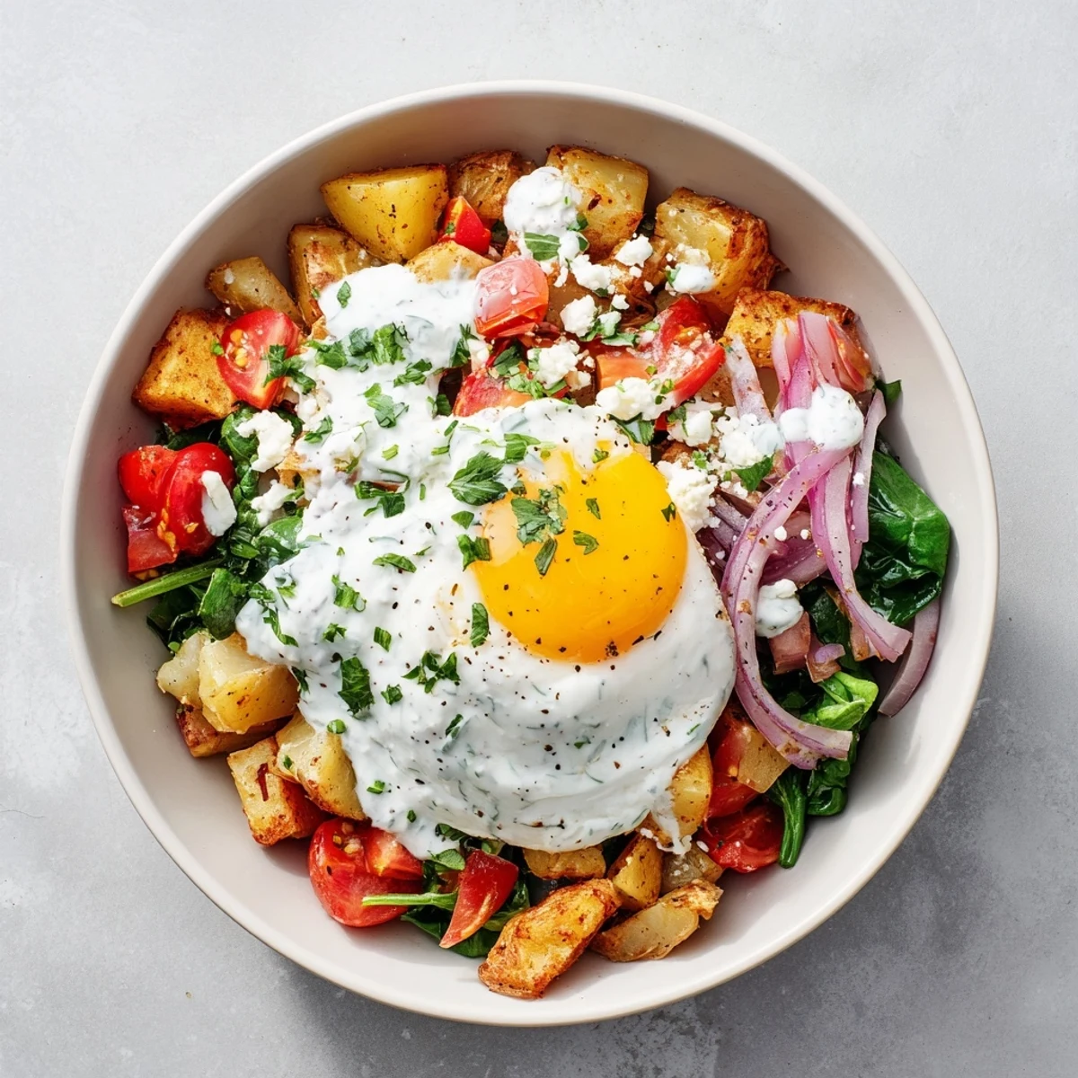 Vibrant Savory Breakfast Bowl filled with sautéed spinach, tomatoes, and crispy potatoes topped with a runny egg.
