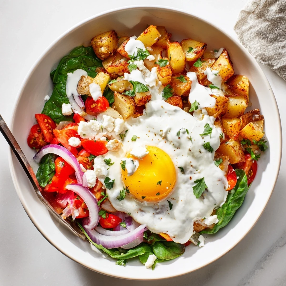 Savory Breakfast Bowl with fluffy scrambled eggs and zesty sauce, served hot in a rustic white bowl.